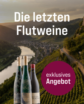 Silkes Weinkeller Weinaktion mit dem Slogan "Die letzten Ahr-Schätze". Im Hintergrund das Ahrtal bei Sonnenuntergang. Hinweis auf "Exklusives Angebot". Links drei Flaschen.