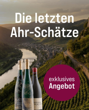 Silkes Weinkeller Weinaktion mit dem Slogan "Die letzten Ahr-Schätze". Im Hintergrund das Ahrtal bei Sonnenuntergang. Hinweis auf "Exklusives Angebot". Links drei Flaschen.