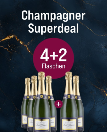 Silkes Weinkeller Weinaktion mit dem Slogan "Champagner Superdeal". Blauer Hintergrund mit goldenen Akzenten, darauf abgebildet 6 Flaschen Louis Bouvier Champagner Brut. Hinweis auf "4+2 Flaschen". | KI-generiert