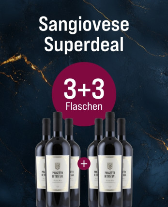 Silkes Weinkeller Weinaktion mit dem Slogan "Sangiovese Superdeal". Blauer Hintergrund mit goldenen Akzenten, darauf abgebildet 6 Flaschen Poggetto di Toscana 2021. Hinweis auf "3+3 Flaschen". | KI-generiert
