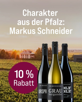 Silkes Weinkeller Weinaktion mit dem Slogan "Charakter aus der Pfalz: Markus Schneider". Im Hintergrund Weinreben und ein Weingut bei Sonnenaufgang. Hinweis auf "10 % Rabatt". Rechts drei Flaschen. | KI-generiert