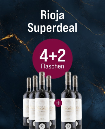 Silkes Weinkeller Weinaktion mit dem Slogan "Rioja Superdeal". Blauer Hintergrund mit goldenen Akzenten, darauf abgebildet 6 Flaschen Escudero Solar de Becquer Gran Reserva 2011. Hinweis auf "4+2 Flaschen". | KI-generiert