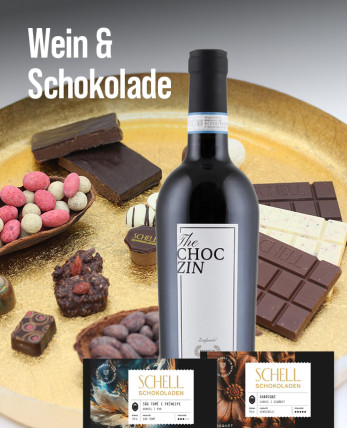Silkes Weinkeller Weinaktion mit dem Slogan "Wein & Schokolade". Im Hintergrund ein goldenes Tablett mit Schokolade und Pralinen, im Vordergrund eine Flasche The Choc Zin und Schell-Schokoladentafeln.