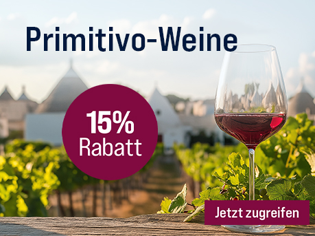 Silkes Weinkeller Weinaktion mit dem Slogan "Exklusiver Rabatt. Primitivo-Weine". Im Hintergrund Weinreben, im Vordergrund ein Glas Rotwein. Hinweis auf "15 % Rabatt". Unten Button "Jetzt zugreifen".