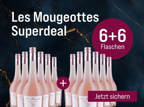 Silkes Weinkeller Weinaktion mit dem Slogan "Gratisaktion im Februar. Les Mougeottes Superdeal". Blauer Hintergrund mit goldenen Akzenten, darauf abgebildet 12 Flaschen Wein. Hinweis auf "6+6 Flaschen". Unten Button "Jetzt sichern".