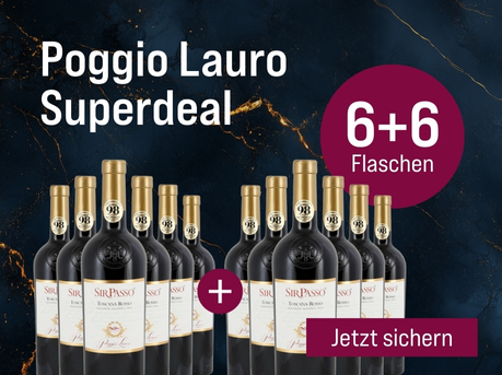 Silkes Weinkeller Weinaktion mit dem Slogan "Gratisaktion im Januar. Poggio Lauro Superdeal". Blauer Hintergrund mit goldenen Akzenten, darauf abgebildet 12 Flaschen Wein. Hinweis auf "6+6 Flaschen". Unten Button "Jetzt sichern".