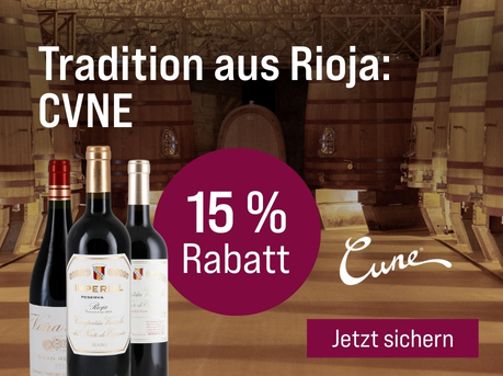 Silkes Weinkeller Weinaktion mit dem Slogan "Weingut des Monats. Tradition aus Rioja: CVNE". Im Hintergrund Weinfässern im Keller, drei Rotweinflaschen der Bodega CVNE. Hinweis auf "15 % Rabatt". Unten Button "Jetzt sichern".