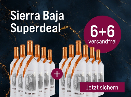 Silkes Weinkeller Weinaktion mit dem Slogan "Gratisaktion im März. Sierra Baja Superdeal". Blauer Hintergrund mit goldenen Akzenten, darauf abgebildet 12 Flaschen Wein. Hinweis auf "6+6 versandfrei". Unten Button "Jetzt sichern".