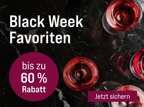 Silkes Weinkeller Weinaktion mit dem Slogan "Die besten Weine in der Black Week. Black Week Favoriten". Dunkler Untergrund mit Marmorierung, darauf mehrere Gläser Roséwein. Hinweis auf "bis zu 60% Rabatt". Unten Button "Jetzt sichern".
