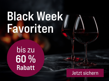 Silkes Weinkeller Weinaktion mit dem Slogan "Die besten Weine in der Black Week. Black Week Favoriten". Dunkler Untergrund mit Marmorierung, darauf mehrere Gläser Roséwein. Hinweis auf "bis zu 60% Rabatt". Unten Button "Jetzt sichern".