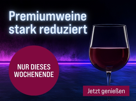 Silkes Weinkeller Weinaktion mit dem Slogan "Genuss auf höchstem Niveau - Premiumweine stark reduziert". Im dunklen Hintergrund ein LED-Lichtstreifen in rosa-violett. Hinweis auf "NUR DIESES WOCHENENDE". Unten Button "Jetzt entdecken".