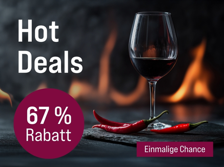 Silkes Weinkeller Weinaktion mit dem Slogan "Die spannendsten Weine der Black Week. Hot Deals". Dunkler Untergrund mit Marmorierung, darauf mehrere Gläser Rotwein. Hinweis auf "67% Rabatt". Unten Button "Einmalige Chance".