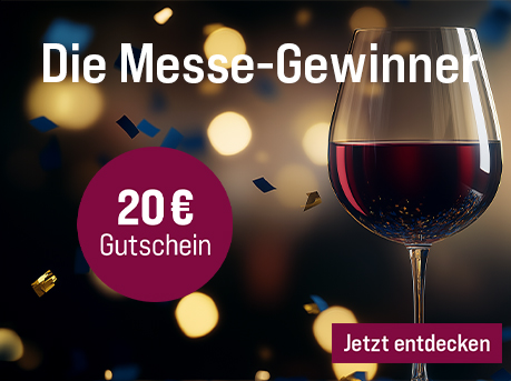 Silkes Weinkeller Weinaktion mit dem Slogan "Über 1.000 Besucher wählten Ihre Lieblingsweine. Die Messe-Gewinner". Im Hintergrund blaues und goldenes Konfetti, davor ein Glas Rotwein. Hinweis auf "20 € Gutschein". Unten Button "Jetzt entdecken".