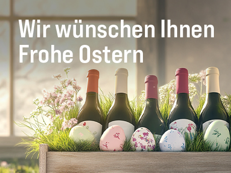 Silkes Weinkeller Weinaktion mit dem Slogan "Zeit für Wein und gute Gespräche. Wir wünschen Ihnen Frohe Ostern". Im Hintergrund florale Dekoration, davor fünf Flaschen Wein und Ostereier in einer Holzkiste.