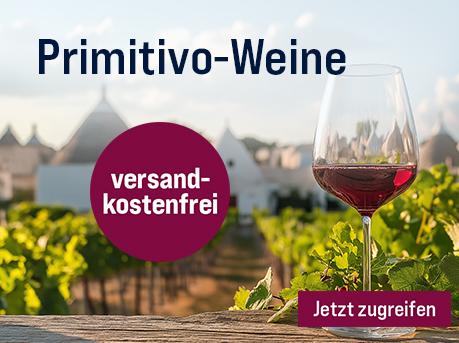 Silkes Weinkeller Weinaktion mit dem Slogan "Nur für kurze Zeit. Primitivo-Weine". Im Hintergrund Weinreben, im Vordergrund ein Glas Rotwein. Hinweis auf "versandkostenfrei". Unten Button "Jetzt zugreifen".