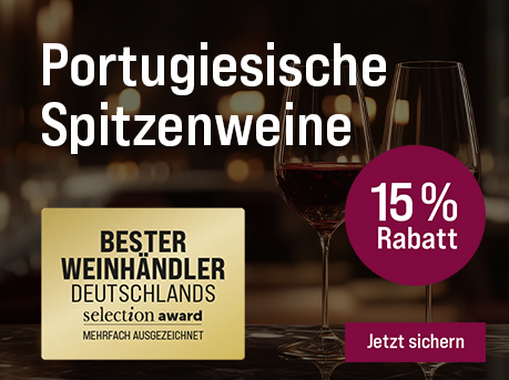 Silkes Weinkeller Weinaktion mit dem Slogan "Prämiert & reduziert. Portugiesische Spitzenweine". Im Hintergrund zwei Gläser Rotwein. Hinweis auf "15 % Rabatt". Hinweis auf "Bester Weinhändler Deutschlands". Unten Button "Jetzt sichern".