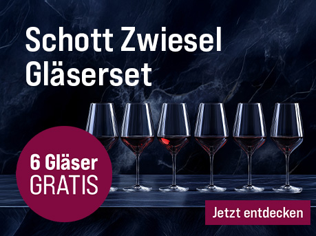 Silkes Weinkeller Weinaktion mit dem Slogan "Nur für kurze Zeit. Schott Zwiesel Gläserset". Dunkler, marmorierter Hintergrund, davor sechs Weingläser mit Rotwein gefüllt. Hinweis auf "6 Gläser gratis". Unten Button "Jetzt entdecken".