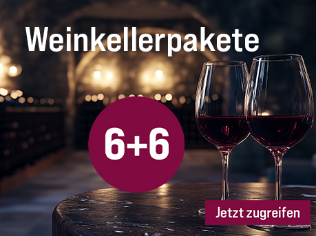 Silkes Weinkeller Weinaktion mit dem Slogan "Nur für kurze Zeit! Weinkellerpakete". Im Hintergrund zwei mit Rotwein gefüllte Weingläser auf einem Holztisch in einem leicht beleuchteten Weinkeller. Hinweis auf "6+6". Unten Button "Jetzt zugreifen".