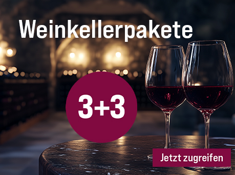 Silkes Weinkeller Weinaktion mit dem Slogan "Nur für kurze Zeit! Weinkellerpakete". Im Hintergrund zwei mit Rotwein gefüllte Weingläser auf einem Holztisch in einem leicht beleuchteten Weinkeller. Hinweis auf "3+3". Unten Button "Jetzt zugreifen".