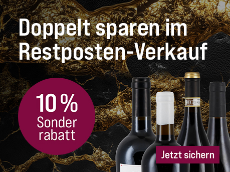 Silkes Weinkeller Weinaktion mit dem Slogan "Nur für kurze Zeit! Doppelt sparen im Restposten-Verkauf". Schwarzer Hintergrund mit goldenen Elementen. Hinweis auf "10 % Sonderrabatt". Unten Button "Jetzt sichern". Rechts fünf Flaschenhälse. | KI-generiert