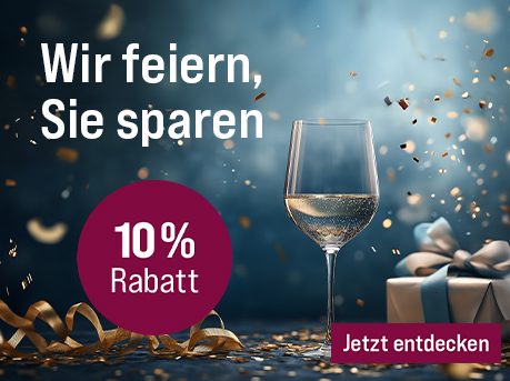 Silkes Weinkeller Weinaktion mit dem Slogan "Zu Silkes Geburtstag. Wir feiern, Sie sparen". Blauer Hintergrund mit goldenem Konfetti, davor ein Glas Wein und ein Geschenk. Hinweis auf "10 % Rabatt". Unten Button "Jetzt entdecken".