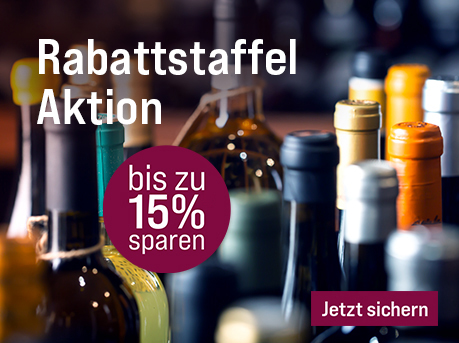 Silkes Weinkeller Weinaktion mit dem Slogan "Rabattstaffel-Aktion. Mehr Wein kaufen, mehr sparen!". Hinweis auf "bis zu 15 % sparen". Hinweis auf "ab 99 € 5 % Rabatt", "ab 129 € 10 % Rabatt" und "ab 179 € 15 % Rabatt". Unten Button "Jetzt sichern".