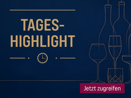 Silkes Weinkeller Weinaktion mit dem Slogan „Tages-Highlight". Dunkelblauer Hintergrund mit goldenen Linienzeichnungen von Weinflaschen und Weingläsern sowie einem Uhr-Icon. Unten Button „Jetzt zugreifen".