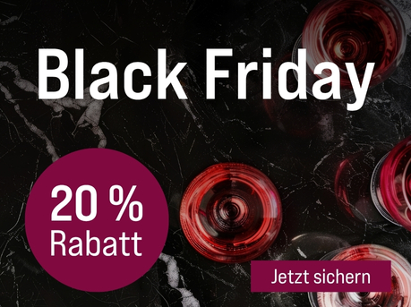 Silkes Weinkeller Weinaktion mit dem Slogan "Nur heute! Black Friday". Dunkler Untergrund mit Marmorierung, darauf mehrere Gläser Roséwein. Hinweis auf "20 % Rabatt". Unten Button "Jetzt sichern".