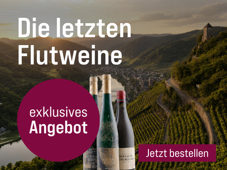 Silkes Weinkeller Weinaktion mit dem Slogan "Original Flutweine aus dem Ahrtal - limitiert verfügbar. Die letzten Flutweine". Im Hintergrund das Ahrtal bei Sonnenuntergang. Hinweis auf "exklusives Angebot". Unten Button "Jetzt bestellen".