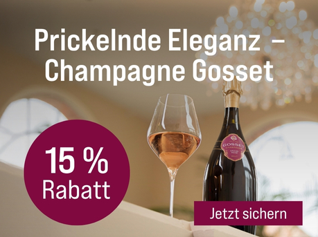 Silkes Weinkeller Weinaktion mit dem Slogan "Weingut des Monats. Prickelnde Eleganz - Champagne Gosset". Im Hintergrund eine Flasche Champagner und ein Champagnerglas. Hinweis auf "15 % Rabatt". Unten Button "Jetzt sichern".