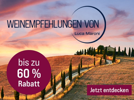 Silkes Weinkeller Weinaktion mit dem Slogan "Favoriten des Experten. Weinempfehlungen von Luca Maroni". Im Hintergrund ein kleines Haus auf einem Hügel vor buntem Abendhimmel. Hinweis auf "bis zu 60 % Rabatt". Unten Button "Jetzt entdecken".