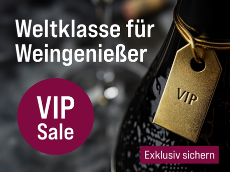 Silkes Weinkeller Weinaktion mit dem Slogan "Topqualitäten aus unserem Premiumsortiment. Weltklasse für Weingenießer". Im Hintergrund eine Flasche Wein mit VIP-Schild um den Flaschenhals. Hinweis auf "VIP Sale". Unten Button "Exklusiv sichern".