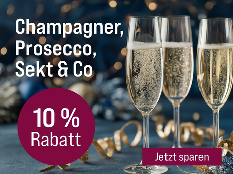 Silkes Weinkeller Weinaktion mit dem Slogan "Prickelnder Genuss. Champagner, Prosecco, Sekt & Co". Im Hintergrund blaue und goldene Weihnachtsdekoration, davor vier Sektgläser mit Schaumwein gefüllt. Hinweis auf "10 % Rabatt". Unten Button "Jetzt sparen".