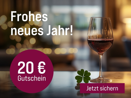 Silkes Weinkeller Weinaktion mit dem Slogan "Ein Jahr voller Genussmomente. Frohes neues Jahr!". Im Hintergrund ein Glas Rotwein auf einem Tisch, daneben ein vierblättriges Kleeblatt. Hinweis auf "20 € Gutschein". Unten Button "Jetzt sichern".