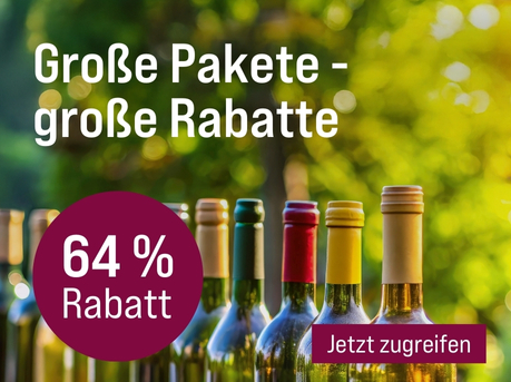 Silkes Weinkeller Weinaktion mit dem Slogan "Unsere großzügig gepackten Weinpakete für extra viel Genuss. Große Pakete - große Rabatte". Im Hintergrund ein Baum, davor mehrere Flaschen Wein. Hinweis auf "64 % Rabatt". Unten Button "Jetzt zugreifen".