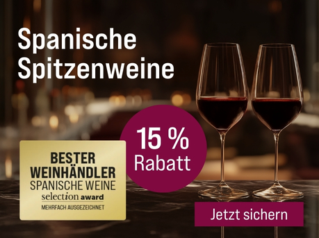 Silkes Weinkeller Weinaktion mit dem Slogan "Prämiert & reduziert. Spanische Spitzenweine". Im Hintergrund zwei Gläser Rotwein. Hinweis auf "15 % Rabatt". Hinweis auf "Bester Weinhändler spanische Weine". Unten Button "Jetzt sichern".