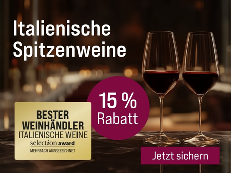 Silkes Weinkeller Weinaktion mit dem Slogan "Prämiert & reduziert. Italienische Spitzenweine". Im Hintergrund zwei Gläser Rotwein. Hinweis auf "15 % Rabatt". Hinweis auf "Bester Weinhändler italienische Weine". Unten Button "Jetzt sichern".