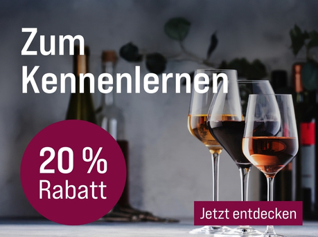 Silkes Weinkeller Weinaktion mit dem Slogan "Neuentdeckungen, die begeistern. Zum Kennenlernen". Im Hintergrund mehrere Flaschen Wein, rechts drei Weingläser mit diversen Weinen gefüllt. Hinweis auf "20 % Rabatt". Unten Button "Jetzt entdecken".