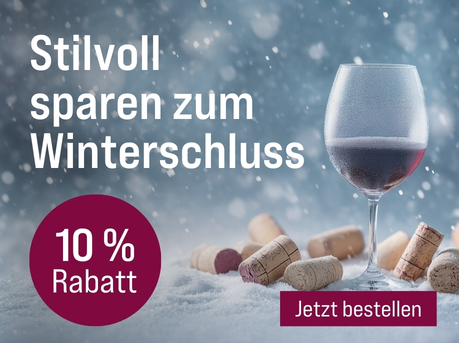 Silkes Weinkeller Weinaktion mit dem Slogan "Attraktive Angebote zum Saisonende. Stilvoll sparen zum Winterschluss". Im Hintergrund Schneeflocken, davor ein Glas Rotwein und mehrere Weinkorken. Hinweis auf "10 % Rabatt". Unten Button "Jetzt bestellen".