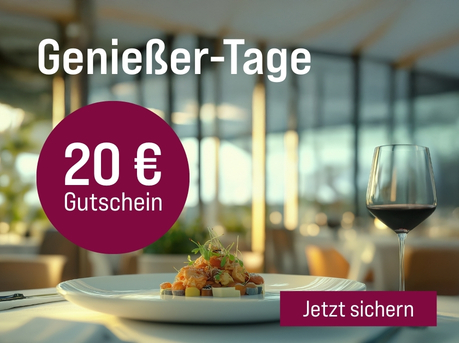 Silkes Weinkeller Weinaktion mit dem Slogan "Ausgewählte Weine entdecken. Genießer-Tage". Im Hintergrund ein gedeckter Tisch in einem Restaurant, auf dem ein mit Rotwein gefülltes Weinglas steht. Hinweis auf "20 € Gutschein". Unten Button "Jetzt sichern".