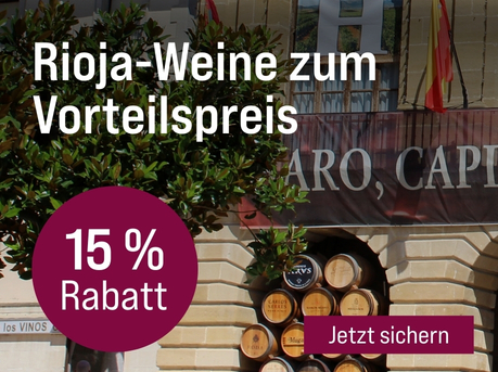 Silkes Weinkeller Weinaktion mit dem Slogan "Klassisch. Kraftvoll. Reduziert. Rioja-Weine zum Vorteilspreis". Im Hintergrund eine Hausfassade mit Weinfässern. Hinweis auf " 15 % Rabatt". Unten Button "Jetzt sichern".