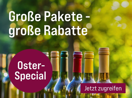 Silkes Weinkeller Weinaktion mit dem Slogan "Unsere großzügig gepackten Weinpakete für extra viel Genuss. Große Pakete - große Rabatte". Im Hintergrund ein Baum, davor mehrere Flaschen Wein. Hinweis auf "Oster-Special". Unten Button "Jetzt zugreifen".