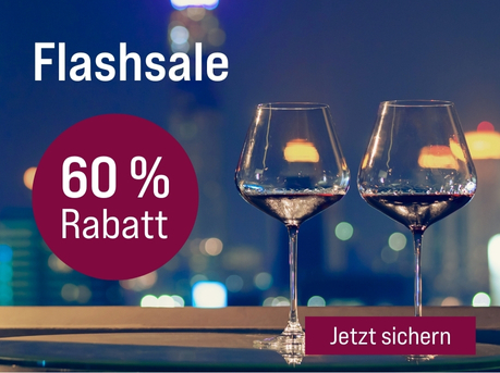 Silkes Weinkeller Weinaktion mit dem Slogan "Nur heute! Flashsale". Im Hintergrund eine verschwommene Skyline, davor zwei Gläser Rotwein. Hinweis auf "60 % Rabatt". Unten Button "Jetzt sichern".