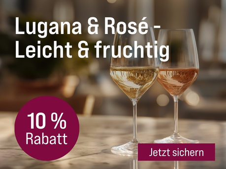 Silkes Weinkeller Weinaktion mit dem Slogan "Frühlings- und Sommerweine jetzt günstiger. Lugana und Rosé - Leicht und fruchtig". Im Hintergrund ein Glas Weißwein und ein Glas Roséwein. Hinweis auf "10 % Rabatt". Unten Button "Jetzt sichern".