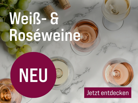 Silkes Weinkeller Weinaktion mit dem Slogan "Perfekte Begleiter für warme Tage. Weiß- und Roséweine". Im Hintergrund mehrere Gläser Weiß- und Roséwein auf weißem Marmor, daneben ein Bund Trauben. Hinweis auf "neu". Unten Button "Jetzt entdecken".