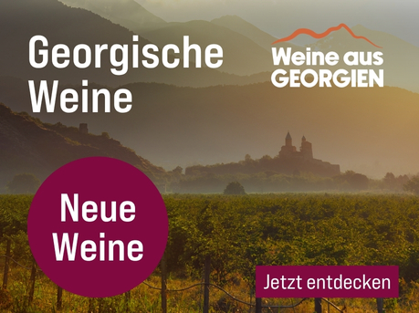 Silkes Weinkeller Weinaktion mit dem Slogan "Authentische Entdeckungen aus dem ältesten Weinland der Welt. Georgische Weine". Im Vordergrund Weinreben, im Hintergrund Berge und eine Burg. Hinweis auf "Neue Weine". Unten Button "Jetzt entdecken".