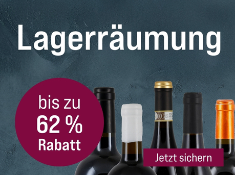 Silkes Weinkeller Weinaktion mit dem Slogan "Wir räumen auf - Inventur. Lagerräumung". Grauer Hintergrund mit fünf Flaschenhälsen auf der rechten Seite. Hinweis auf "bis zu 62 % Rabatt". Unten Button "Jetzt sichern".
