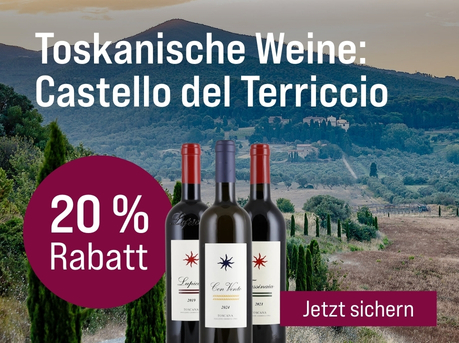 Silkes Weinkeller Weinaktion mit dem Slogan "Weingut des Monats. Toskanische Weine. Castello del Terriccio". Im Hintergrund Bäume, Berge und ein Tal. Hinweis auf "20 % Rabatt". Unten Button "Jetzt sichern". Rechts drei Flaschen.