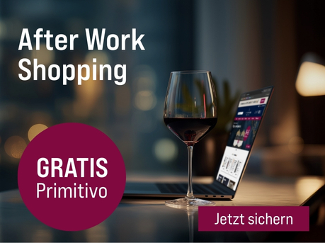 Silkes Weinkeller Weinaktion mit dem Slogan "Exklusive Weinangebote nach Feierabend: 16 bis 22 Uhr. After Work Shopping". Im Hintergrund ein Laptop, daneben ein Glas Rotwein. Hinweis auf "Gratis Primitivo". Unten Button "Jetzt sichern".