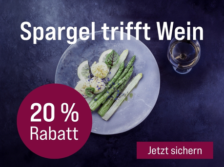 Silkes Weinkeller Weinaktion mit dem Slogan "Ausgewählte Weine - ideal zur feinen Frühlingsküche. Spargel trifft Wein". Im Hintergrund ein Teller mit Spargel und Zitrone, daneben ein Glas Weißwein. Hinweis auf "20 % Rabatt". Unten Button "Jetzt sichern".